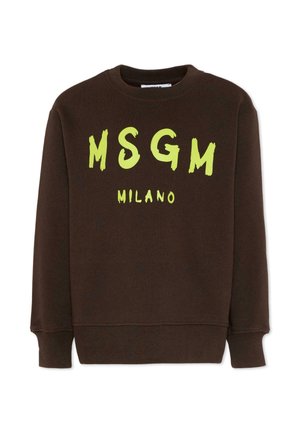 Sweat-shirt à manches longues couleur marron foncé avec col rond, imprimé du texte jaune vif "MSGM MILANO" sur le devant.