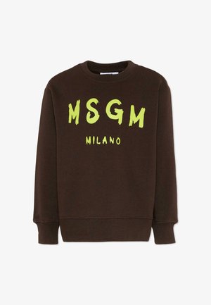 Ciemnobrązowa bluza z długim rękawem i okrągłym dekoltem, z jasnoniebieskim napisem "MSGM MILANO" na przodzie.