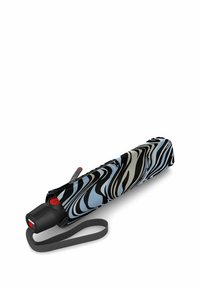 Custodia per ombrelli con motivo a spirale in nero, blu e beige, dotata di zip, tracolla e manico nero con un pulsante rosso.