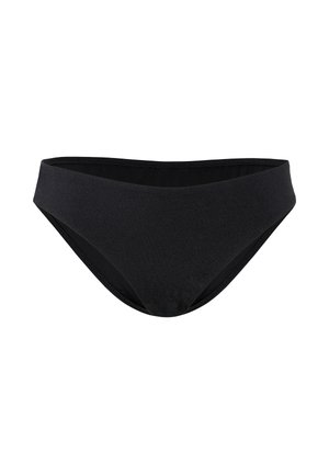 Slip bikini neri, senza cuciture, a vita bassa, con una texture liscia e una copertura moderata, mostrati su uno sfondo bianco.