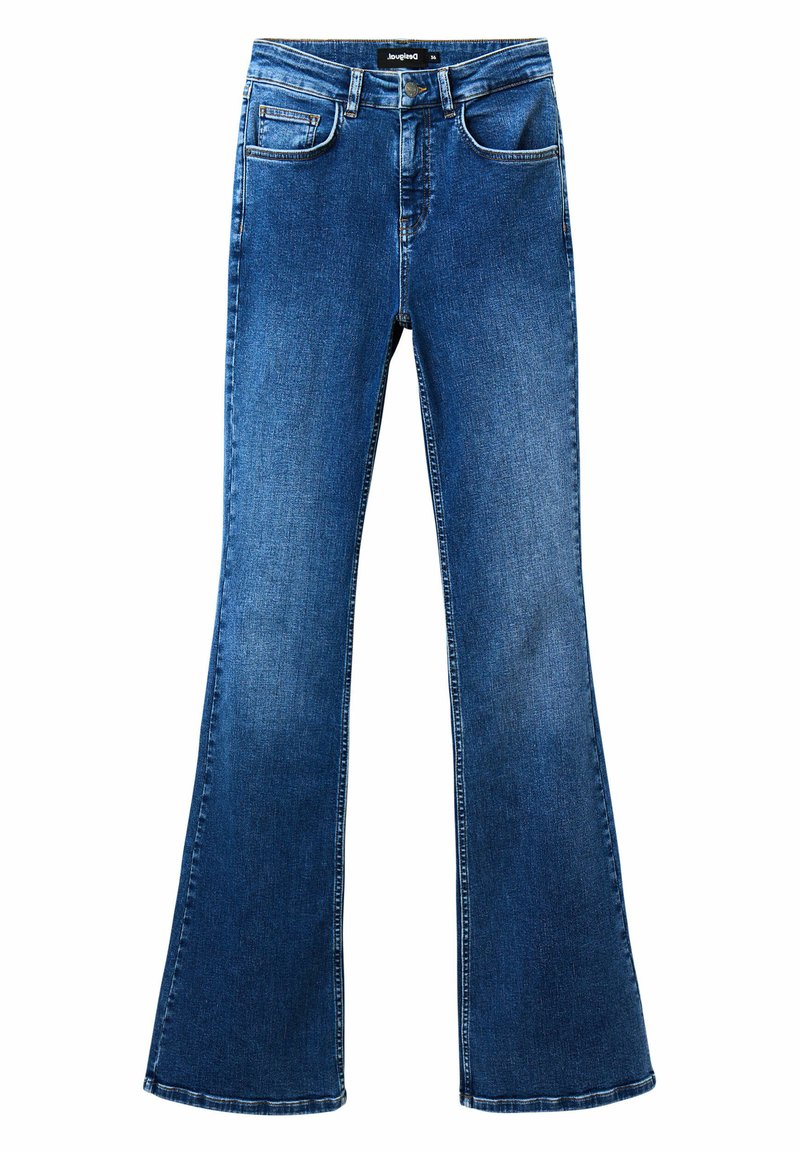 Blaue Denim-Jeans mit weitem Bein und mittelhohem Bund, zwei Fronttaschen und einer einzelnen Rückentasche. Glatte Textur mit Verwaschungen.