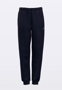 Pantalon de survêtement bleu marine foncé avec taille élastique à cordon, en tissu doux. Présente un logo discret sur le haut du côté gauche et des jambes fuselées.