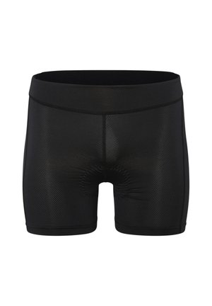 Schwarze gepolsterte Radhose mit weitem Bund und atmungsaktiven, perforierten Stoffeinsätzen, entwickelt für Komfort und Unterstützung.