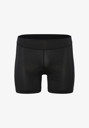 Schwarze gepolsterte Radhose mit weitem Bund und atmungsaktiven, perforierten Stoffeinsätzen, entwickelt für Komfort und Unterstützung.