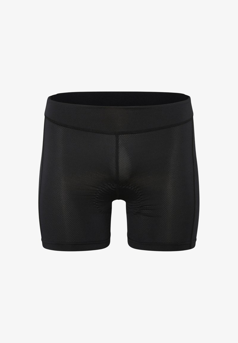 Black padded cycling shorts with a wide waistband and breathable perforated fabric panels, designed for comfort and support.