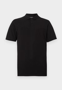 Polo noir à manches courtes avec patte de boutonnage à deux boutons et petit logo brodé sur le côté gauche de la poitrine.