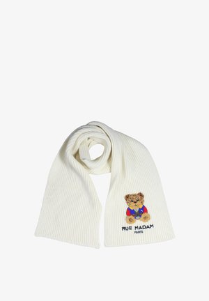Bufanda de punto acanalado en crema con un bordado de un oso vestido con un atuendo azul y rojo, y el texto "RUE MADAM PARIS" en negro.