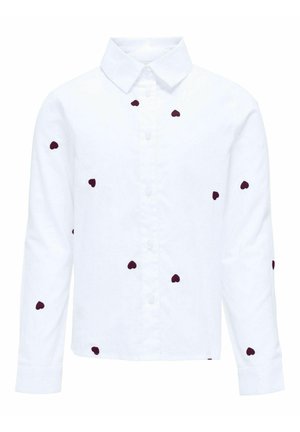 Biała koszula na długi rękaw z małymi, rozproszonymi ciemnymi wzorami w kształcie serc oraz z kołnierzykiem z ostrymi końcami.