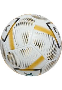 Vit fotboll med svarta och gyllene detaljer, med en texturerad yta och geometriska mönster, designad för optimal grepp och prestanda.