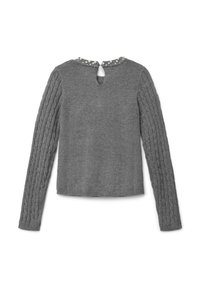 Maglione grigio a maglia con maniche lunghe a costine, scollo rotondo e apertura a chiave sul retro, decorato con perline lungo il colletto.
