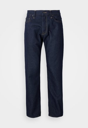 Dark blue denim jeans with a straight leg design, featuring copper stitching, five pockets, and a standard button closure.