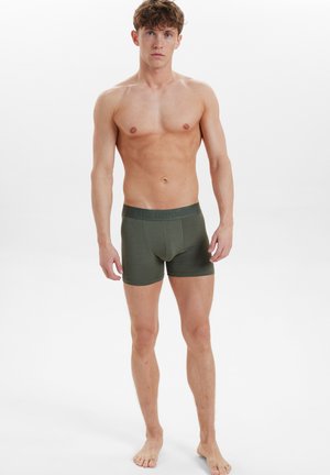 Dunkelgrüne Boxerbriefs mit engem Schnitt, aus weichem Material gefertigt, mit einem elastischen Bund und ohne zusätzliche Muster oder Akzente.