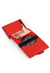 Red leather wallet with a button closure, featuring one bill compartment and two card slots, showcasing smooth texture and minimalistic design.
