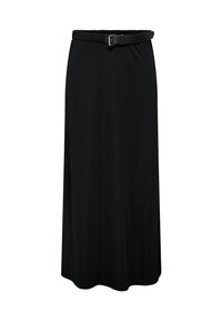 Jupe noire longueur cheville en tissu doux, avec une taille plate et une ceinture. Comprend une fente latérale pour plus de liberté de mouvement.