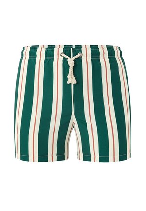 Grønne badeshorts med lodrette hvide og røde striber, elastisk talje og hvid snor bundet i en knude foran midt på.