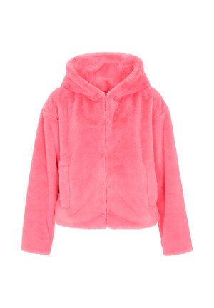 Chaqueta de felpa rosa brillante con capucha, de manga larga y bolsillos delanteros, diseñada para brindar calor y comodidad.