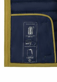 Auf einem navy-blauen und senfgelben, verpackbaren Weste sind Anweisungen gedruckt, die die Faltanleitung zeigen, um die Weste zu einer kleinen Tasche für das Reisen zu rollen.