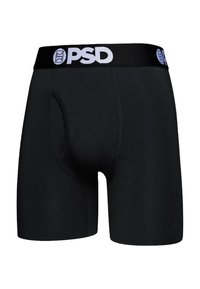 Melnas boksa biksītes no mīksta, elastīga auduma, ar konturētu kabatu un elastīgu jostu ar baltu "PSD" logotipu.