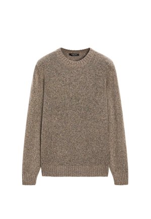 Maglione marrone a maglia con colletto rotondo, maniche lunghe e orlo a coste. Tessuto testurizzato con un motivo a macchie per un tocco di dettaglio.