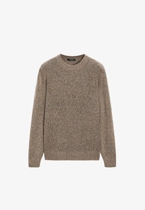 Maglione marrone a maglia con colletto rotondo, maniche lunghe e orlo a coste. Tessuto testurizzato con un motivo a macchie per un tocco di dettaglio.