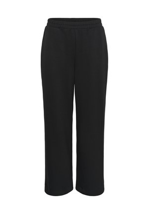 Crne trenirke izrađene od mekog materijala, s elastičnom strukom, slobodnim krojem i ravnim nogavicama. Bez vidljivih uzoraka ili akcenata.