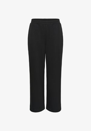 Pantaloni de trening negri dintr-un material moale, cu talie elastică, croială lejeră și design cu picioare drepte. Fără modele sau accente vizibile.