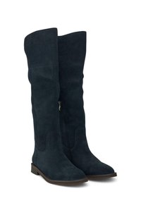 Stivali alti fino al ginocchio in suede blu navy scuro con suola piatta e zip laterale. Texture liscia e design semplice con punta arrotondata.