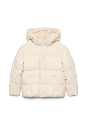 Giacca invernale imbottita color crema con cappuccio, tasche frontali e colletto alto, mostrata su sfondo bianco.