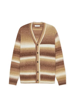 Καφέ και μπεζ μάλλινη ζακέτα με V-λαιμόκοψη, με οριζόντιο ριγέ μοτίβο, έξι κουμπιά και ριμπ μανσέτες και τελείωμα.