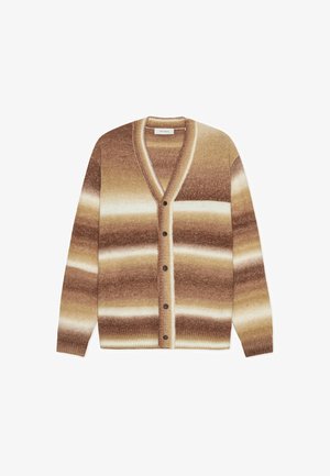 Bruine en beige wollen cardigan met een V-hals, voorzien van een horizontaal streeppatroon, zes knopen en geribbelde boorden en zoom.