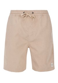 Pantaloni corti beige con una texture a coste verticali, vita con stringa regolabile e una piccola patch del logo sul lato inferiore.