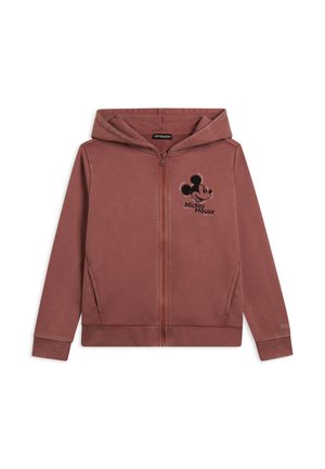 Sudadera con cremallera para niños en color rosa polvoriento, con capucha, bolsillos laterales y una cara de Mickey Mouse negra junto con texto en el pecho.