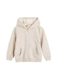 Helles graues Zip-Hoodie aus weichem Stoff, mit einem Frontreißverschluss, zwei gerafften Seitentaschen und einer Kordelzugkapuze.