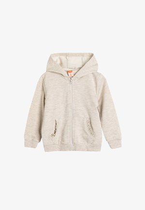 Felpa con zip grigia chiara realizzata in un tessuto morbido, dotata di una cerniera frontale, due tasche laterali arricciate e un cappuccio con cordino.