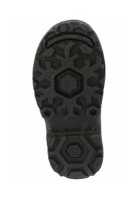 Schwarze Gummisohle mit strukturierten Mustern, einschließlich Sechsecken und Schneeflocken, entwickelt für Grip und Traktion auf verschiedenen Oberflächen.