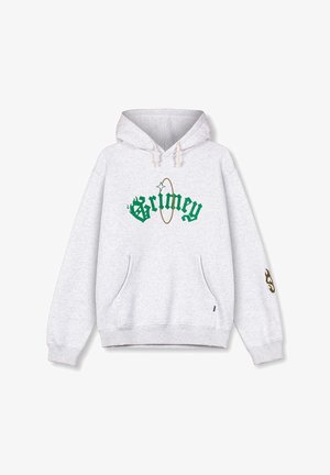 Szary hoodie z przednią kieszenią, z napisem "Grimey" w zielonym i złotym kolorze oraz ozdobnym wzorem na prawym rękawie. Materiał bawełniany.