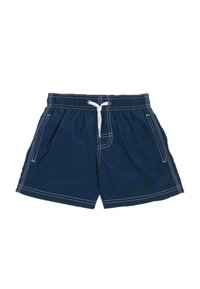 Pantaloni da bagno blu navy con cuciture bianche, cintura elastica e cordino. Presentano tasche laterali e un design a vestibilità rilassata.