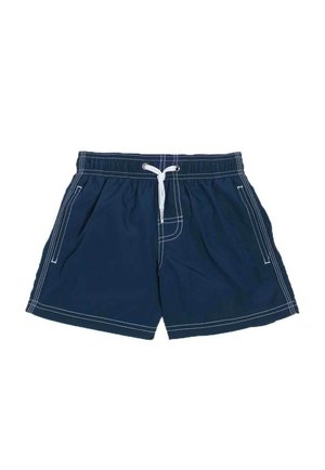 Pantaloni da bagno blu navy con cuciture bianche, cintura elastica e cordino. Presentano tasche laterali e un design a vestibilità rilassata.