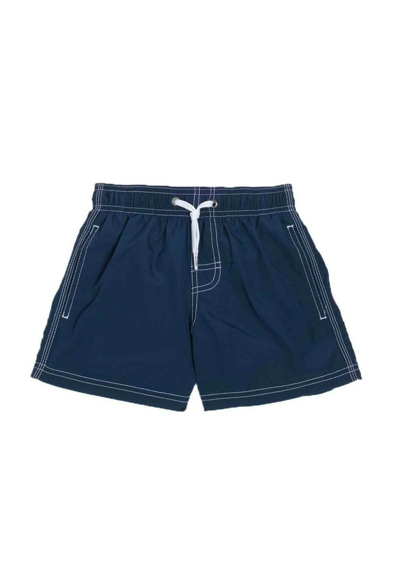 Pantaloni da bagno blu navy con cuciture bianche, cintura elastica e cordino. Presentano tasche laterali e un design a vestibilità rilassata.