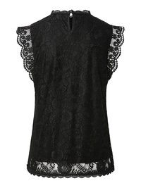 Bluză neagră fără mâneci din dantelă, cu margini în formă de val, modele florale și închidere cu nasture tip găurele la spatele gâtului.