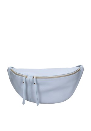 Marsupio in pelle azzurro chiaro con tasca frontale con cerniera con due cursori dorati e tiretti in pelle.