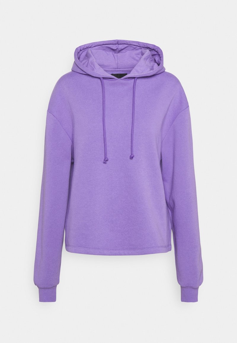Felpa con cappuccio viola realizzata in tessuto morbido, dotata di tasca a marsupio, cordini e polsini a costine. Design casual con una vestibilità comoda.