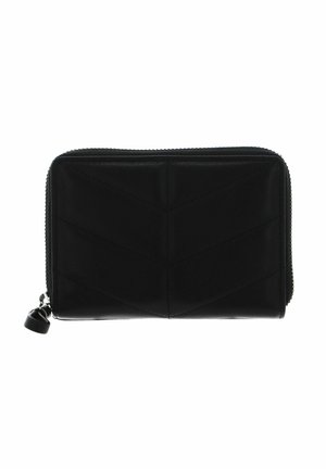 Portefeuille en cuir noir avec motif chevron, fermeture éclair et garnitures argentées. Forme compacte et rectangulaire avec surface texturée.