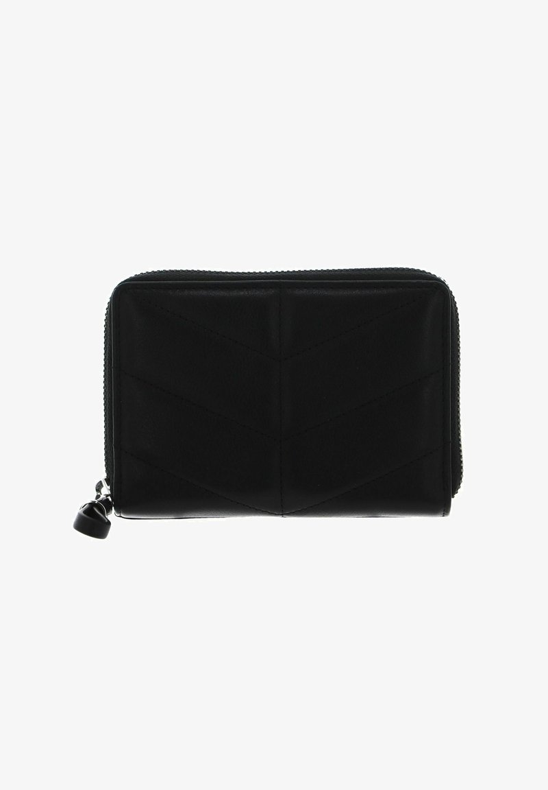 Portefeuille en cuir noir avec motif chevron, fermeture éclair et garnitures argentées. Forme compacte et rectangulaire avec surface texturée.