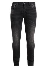 Jeans slim-fit negros con textura desgastada, cinco bolsillos y cierre de botón en la parte delantera. Hechos de material de mezclilla con una superficie suave.