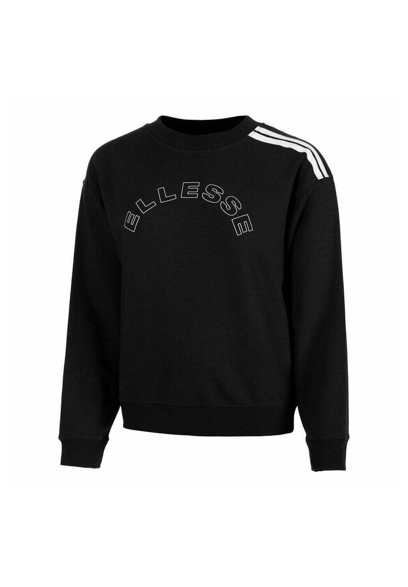 Sudadera negra con cuello redondo, mangas largas, logo blanco de "ELLESSE" arqueado en la parte frontal y tres rayas blancas en el hombro.
