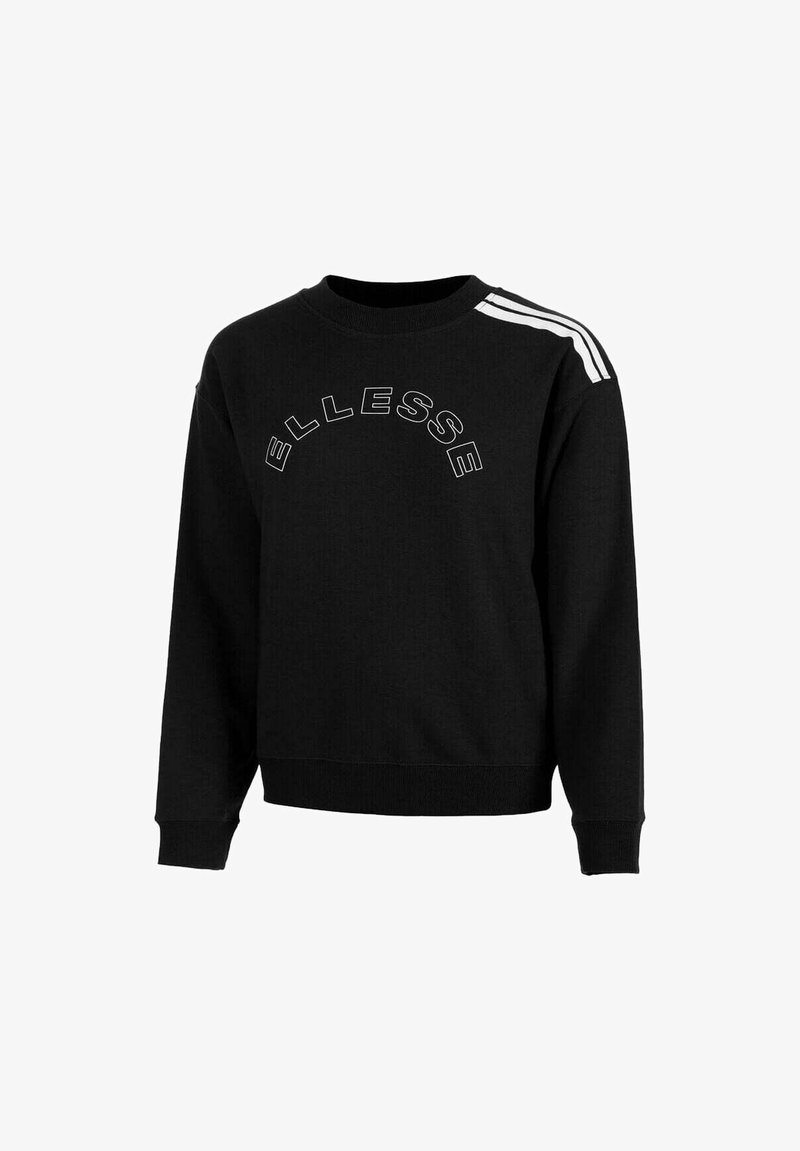 Sudadera negra con cuello redondo, mangas largas, logo blanco de "ELLESSE" arqueado en la parte frontal y tres rayas blancas en el hombro.