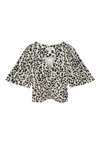 Korte mouwen blouse in crème met een zwart luipaardprint, voorzien van een V-hals, geplooide voorzijde en brede klokmouwen.