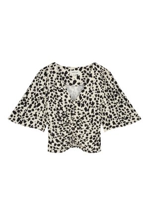 Kurzärmlige Bluse in Creme mit schwarzem Leopardenmuster, ausgestattet mit einem V-Ausschnitt, gerafftem Vorderteil und weiten Glockenärmeln.