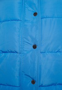 Blå puffjacka med quiltade paneler, en glänsande finish och svarta tryckknappar framtill för stängning. Mjuk textur.